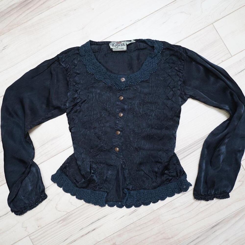 Vintage Black Embroidered Crochet Trim Crop Boho Goth Romantic M